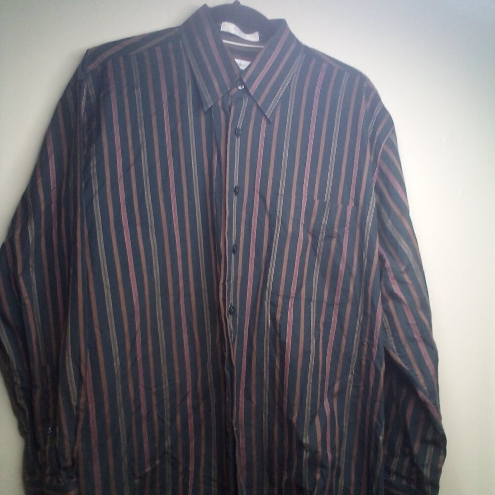 Alan Flusser Shirt L Button Down Long Sleeve Stripe Green Brown